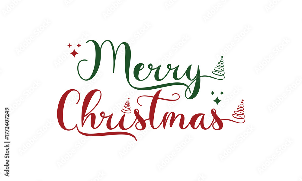 Fototapeta premium Elegant “Merry Christmas” calligraphy design in festive red and green colors with reindeer, stars, and hanging ornaments. Perfect for Christmas cards, invitations, posters, t-shirts, digital greetings
