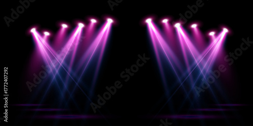 Pink LED light beams and neon spotlights on transparent background. Glowing concert illumination for club, show, or music stage. Abstract vector lighting design.