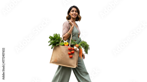 Woman carrying reusable shopping bag filled with fresh vegetables