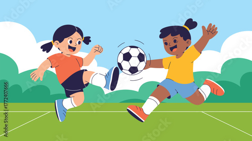 Two cartoon girls playing soccer on a green field with a blue sky and white clouds in the background