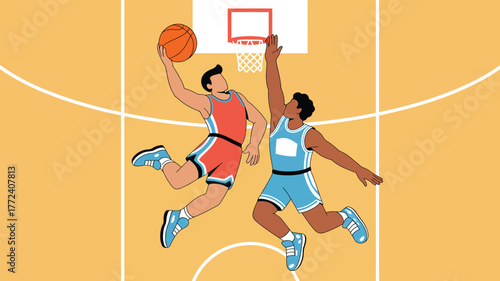 Two basketball players jumping near the hoop with a basketball in a court illustration style