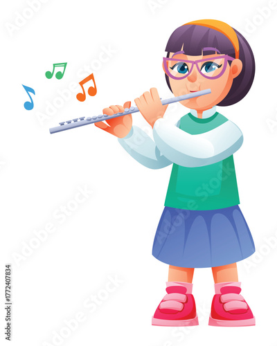 Little girl with glasses playing the flute with floating musical notes around her. Vector cartoon character illustration