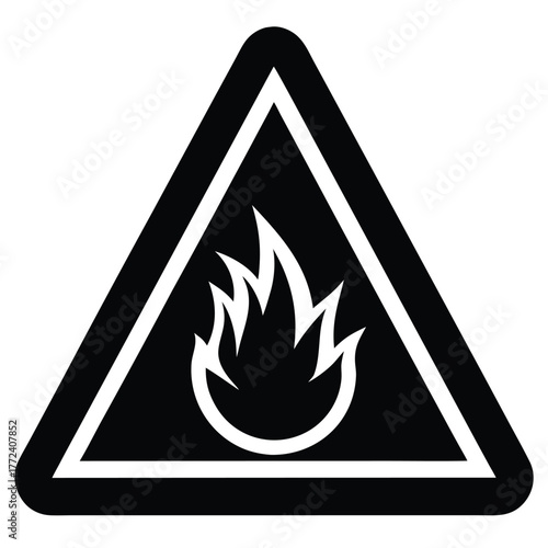Flammable substance hazard warning symbol in black and white design