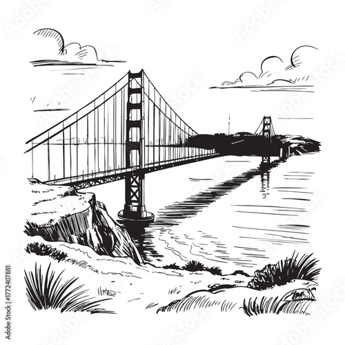 Black and white sketch of Golden Gate Bridge over water with cliffs and grass San Francisco