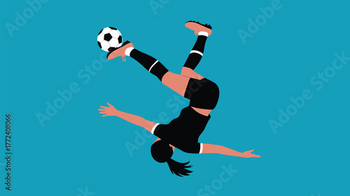A woman performing a bicycle kick with a soccer ball against a blue background illustration