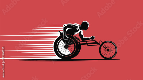 Silhouette of a man in a racing wheelchair with motion lines on a red background illustration
