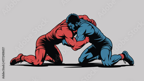 Two wrestlers grappling on their knees in red and blue uniforms on a light gray background