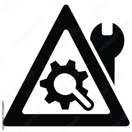 Warning sign with wrench and gear depicting technical difficulties concept