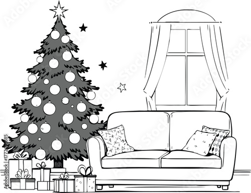 PrintIndoor Christmas scene with decorated tree, gifts, sofa, and window curtains isolated on white background