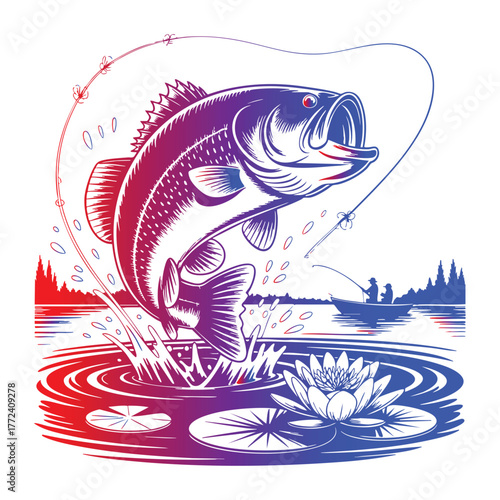 Large bass fish leaping from water with anglers in boat and lily pads fishing jumping