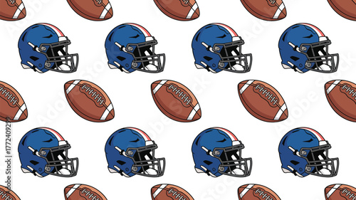 Repeated pattern showing football helmets and footballs on a white background in a seamless design