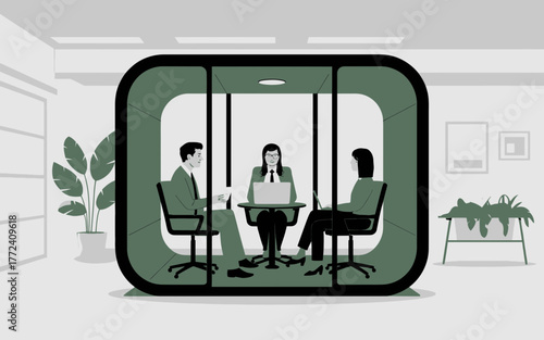 Diverse team collaborates in a modern glass meeting pod