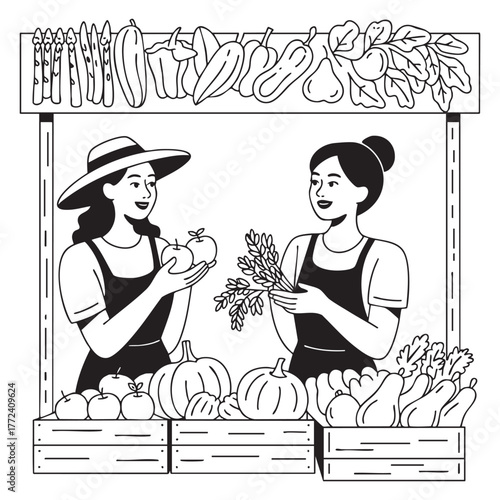 Two women at a market stall displaying fresh produce and vegetables fruit