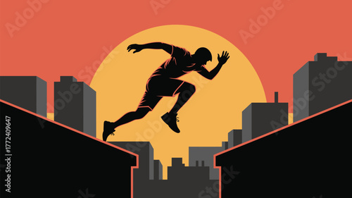 Silhouette of a runner leaping between buildings at sunset in a stylized city landscape