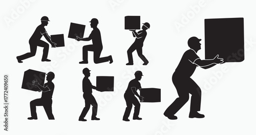 Diverse group worker silhouettes demonstrating different methods carrying and lifting heavy boxes, showcasing safe lifting practices and manual handling techniques in professional setting