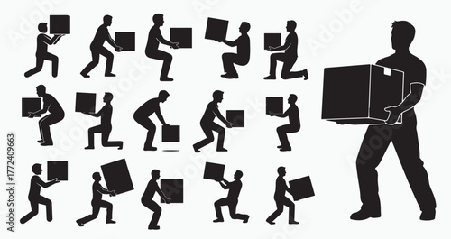 Collection silhouette icons illustrating various correct and incorrect ways to lift and carry box, emphasizing safe lifting techniques for preventing back injuries and promoting workplace safety