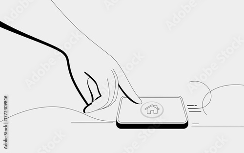 Hand pressing a button with a house icon for smart home control