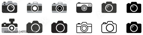 Set of modern camera icons showing various photography and digital imaging concepts. Perfect for apps, web, photo studios, and technology themes. Includes different camera styles in flat design. 