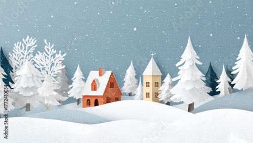 Snow falling on a quaint village with houses and snow covered pine trees under a starry sky