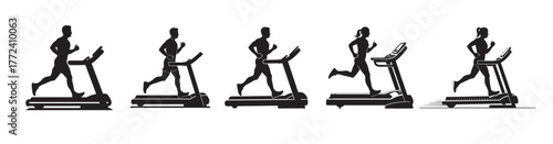 Collection five silhouettes people running on treadmills, isolated on, representing fitness and exercise