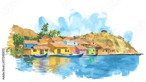 Lake Titicaca ? Isla del Sol. Lake Titicaca ? Isla del Sol hand drawn watercolor illustration