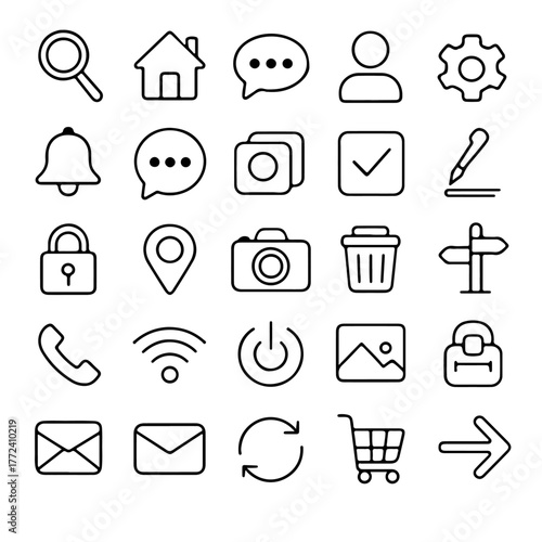A collection of various outline-style icons. The icons represent commonly used functions, and all of them are black
