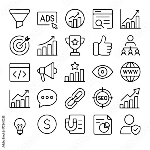 Collection of marketing and business icons arranged in a grid, ideal for representing online marketing, SEO, and advertising strategies