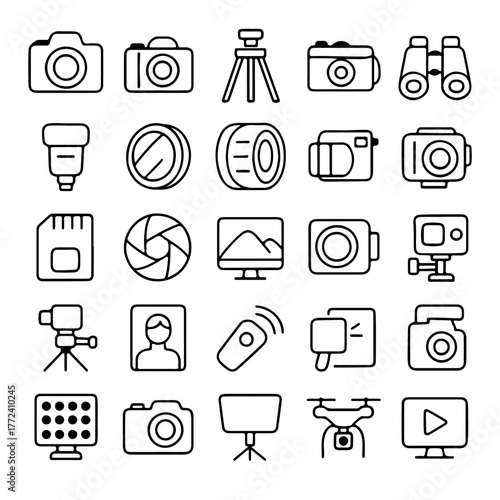 Set of photography equipments illustrated in an arranged pattern