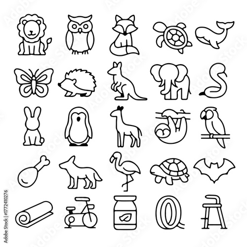 A collection of line art illustrations of various animals and objects on display