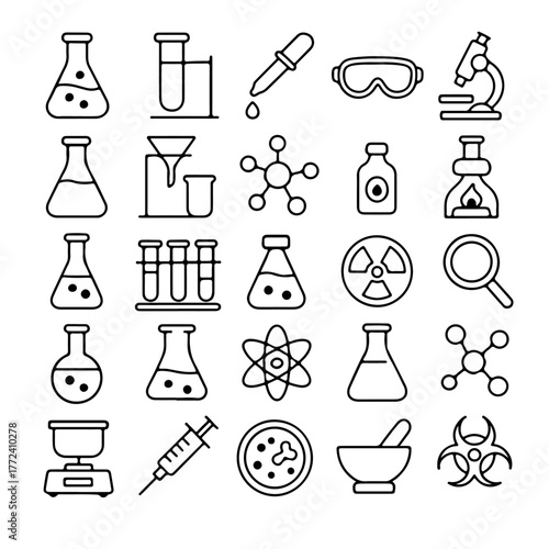 A collection of laboratory equipment, including beakers, test tubes, and other scientific instruments, arranged in an orderly manner. Each item is precisely illustrated with sharp, clean lines