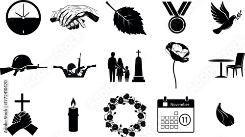 Collection of silhouette icons representing remembrance sacrifice and memorial symbols