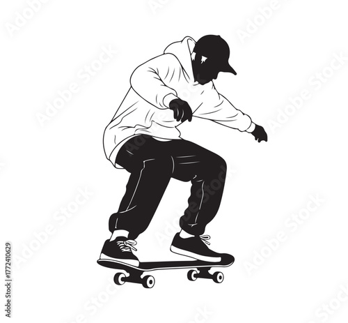 Skateboarder in hoodie and baseball cap performs trick on skateboard, , dynamic action shot