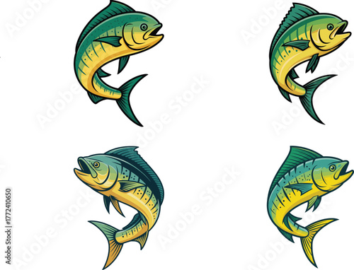 Mahi-Mahi Fish Set Jumping Dorado Mascot Vintage Vector Illustration