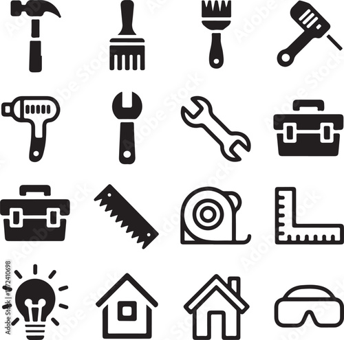 Collection of household repair and building tools icons set diy home improvement