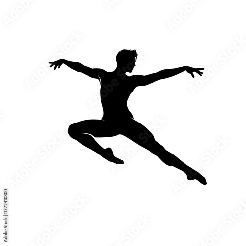Dynamic Silhouette of an Elegant Male Dancer Performing a Powerful Mid Air Leap and Split Jump