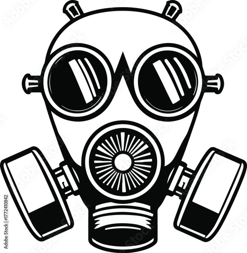 Black and white graphic illustration of a vintage gas mask with large circular eye lenses and side canisters