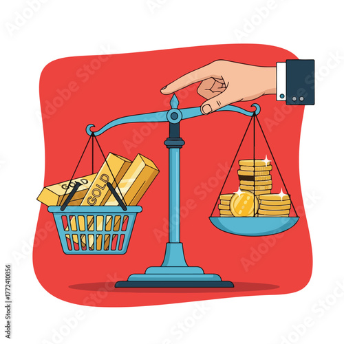 Scales balancing gold bars and stacks of coins