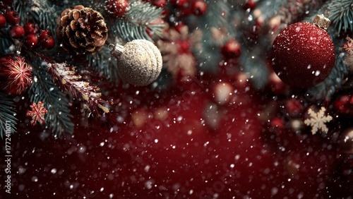 Festive red and gold Christmas ornaments on a pine branch with falling snow