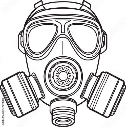 Black and white line drawing of a protective gas mask with two canisters and goggles protection safety