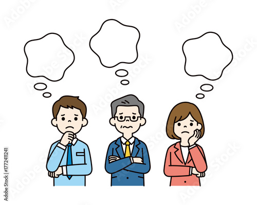 雲形のふきだしと、腕を組んで考える経営者と従業員の上半身ベクターイラスト素材セット＿カラー