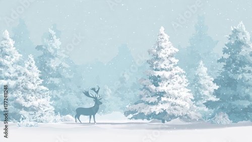 Silhouette of a majestic reindeer standing in a snow covered forest with falling snowflakes