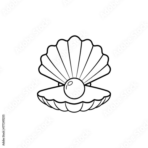 Open Seashell with a Pearl Inside and Radiating Lines, Vector Line Art Illustration, Simple Elegant Nautical Gem Graphic