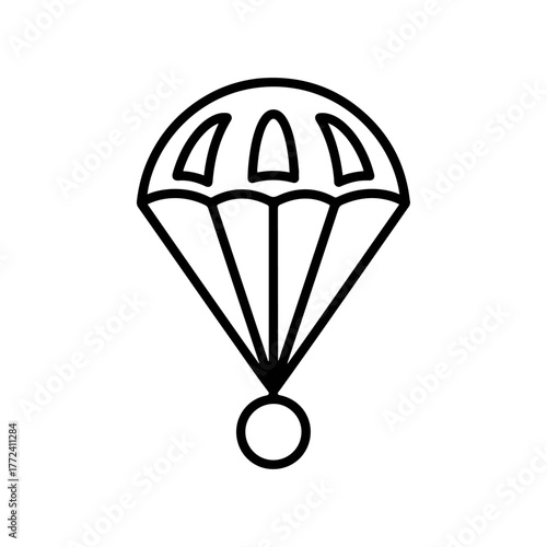 Simple flat icon of a parachute with lines descending from it and a small circle at the bottom for skydiving or adventure vector illustration