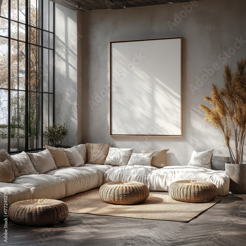 Mock up poster frame in modern interior background.