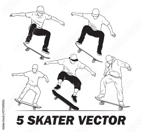 Five stylized silhouette illustrations skateboarders performing various maneuvers, presented against clean, highlighting the essence skateboarding