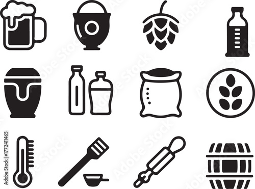 Collection of brewing ingredients and equipment icons for craft beer making and home brewing