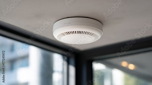 Modern Smoke Detector Installed on Ceiling in Contemporary Space with Natural Light and Clear Windows for Safety and Home Security