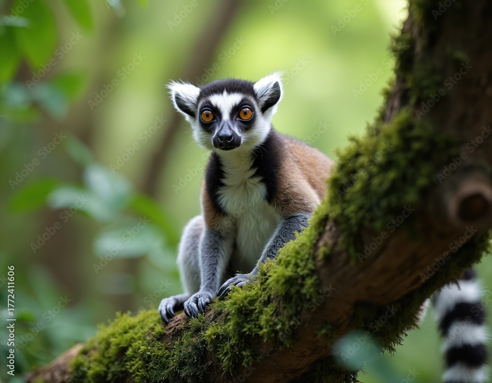 Fototapeta premium Ring tailed lemur sits on mossy tree branch in lush green forest jungle. Animal looks with big orange eyes, showing its black white tail. Wildlife photography.