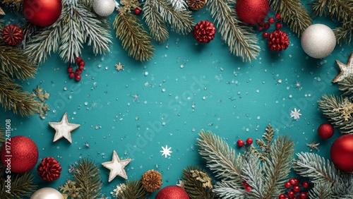 Festive Christmas border with fir branches red and silver ornaments stars and berries on a teal background