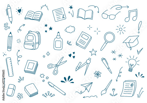 Hand drawn school doodle set with education supplies and study elements